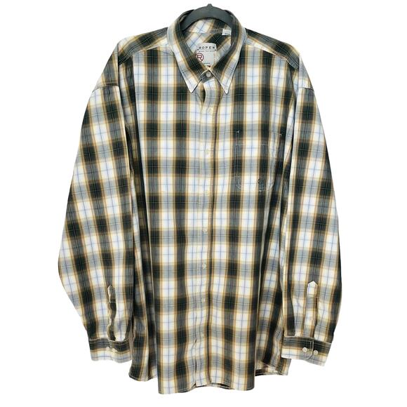 ROPER LONG SLEEVE WESTERN BUTTON SHIRT, MENS, 2XL, YELLOW GREEN WHITE BLUE PLAID - Picture 1 of 12